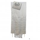 Hand-woven White Wool and Silk Tallit with White Stripes and Stars of David