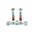 Glass Shabbat Candlesticks with Rainbow Striping and Tray