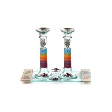 Glass Shabbat Candlesticks with Rainbow Striping and Tray
