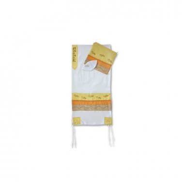 White Silk Tallit Set with Birds, Lines and Pastel Stripes
