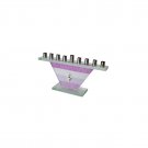 Glass Hanukkah Menorah with Purple Stripes, Hamsa and Floral Pattern