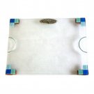 Glass Challah Board with Blue Plates and Metal Plaque