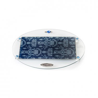 Glass Oval Challah Board for Shabbat with Blue Flower Detail
