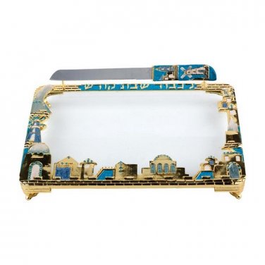 Challah Tray with Knife: Jerusalem Scene in Turquoise with Sapphire Crystals