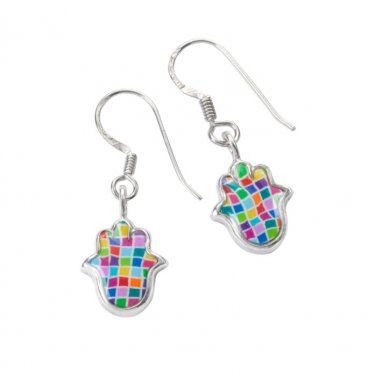 Adina Plastelina Hook Earrings with Multicolored Mosaic Hamsa Design
