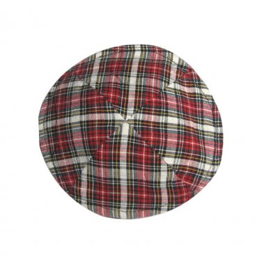 Cotton Kippah with Argyle Red, Black, White and Green Plaid Design