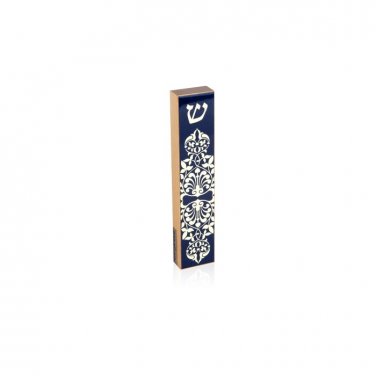 Blue and White Classically Designed Mezuzah with Traditional Shin