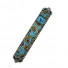 Pewter Mezuzah with Light Blue and Gold Floral Pattern and Hebrew Letter Shin