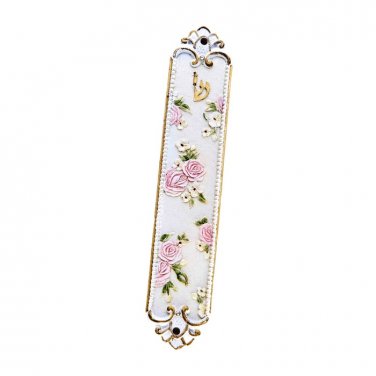 White Polyresin Mezuzah with Floral Pattern, Beads and Shin