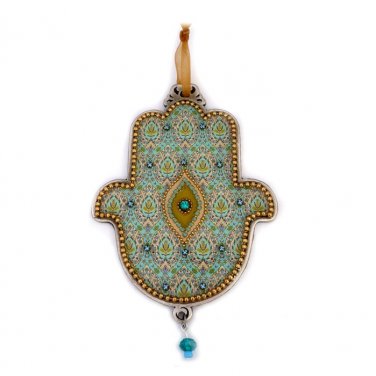 Silver and Brass Hamsa with Ornate Designs and Blue Crystals