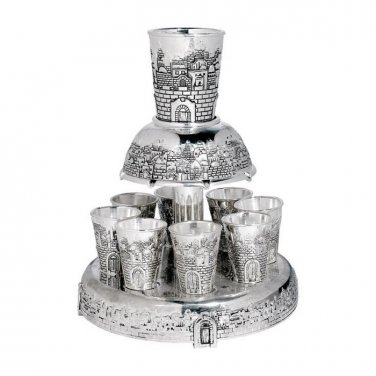 Silver Plated Wine Set with Eight Cups, Base and Jerusalem