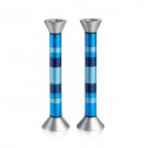 Aluminum Shabbat Candlesticks with Blue Stripes and Conical Base