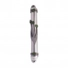 Cylindrical Pewter Mezuzah with Textured Hebrew 'Shin' and Green Crystals for 10cm Scroll