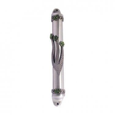 Cylindrical Pewter Mezuzah with Textured Hebrew 'Shin' and Green Crystals for 10cm Scroll