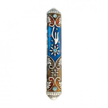 Gorgeous Pewter Mezuzah Case with Crystals and Bold Colors for 10cm Scroll