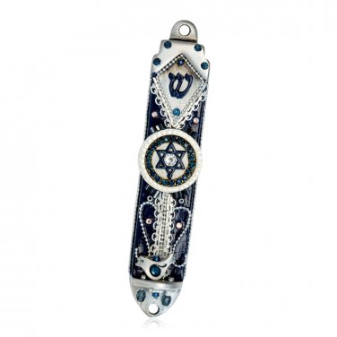 Ester Shahaf Pewter Mezuzah with Large Star of David and Shin in White and Blue