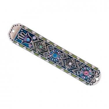 Aztec-Inspired Pewter Mezuzah Case with Hamsa in Silver Outline for 8cm Scroll