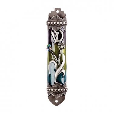 Original Circular Mezuzah Case with Floral Theme and Hebrew 'Shin' in Silver for 8cm Scroll