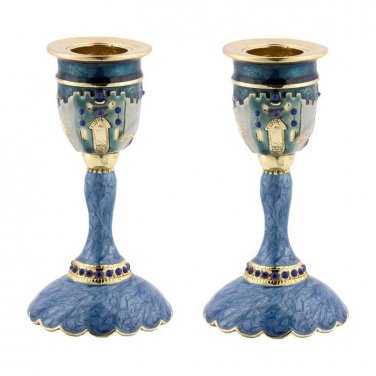 Modern Blue Enamel and Gold Plating Jerusalem Candlesticks with Crystals