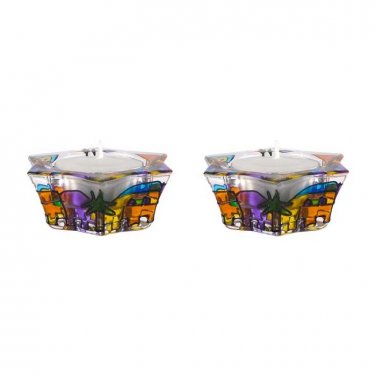 Old Jerusalem Design Flared Star of David Painted Glass Candle Holders in Red Tones