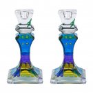 Tall Square Glass Shabbat Candlesticks with Painted Jerusalem Buildings in Green