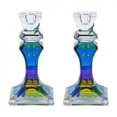 Tall Square Glass Shabbat Candlesticks with Painted Jerusalem Buildings in Green