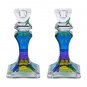 Tall Square Glass Shabbat Candlesticks with Painted Jerusalem Buildings in Green