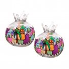 Glass Pomegranate Shabbat Candle Holders with Brightly Painted Jerusalem Design