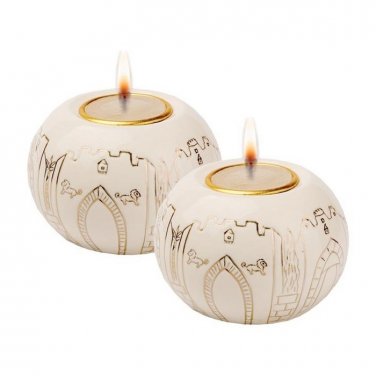 Golden Hand-painted Old-City Gates Design on Porcelain Ball Shabbat Candlesticks