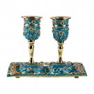 Gold -plated Turquoise Enamel Floral Goblet Shabbat Candlesticks with Tray
