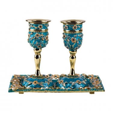 Gold -plated Turquoise Enamel Floral Goblet Shabbat Candlesticks with Tray