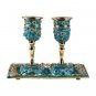 Gold -plated Turquoise Enamel Floral Goblet Shabbat Candlesticks with Tray