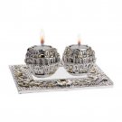 Silver Plated Jerusalem Ball Shabbat Candlesticks with Architectural Design Tray