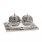 Silver Plated Jerusalem Ball Shabbat Candlesticks with Architectural Design Tray