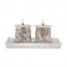 Jerusalem and Menorah Cylindrical Silver Plated Shabbat Candlesticks with Tray