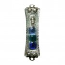 Glass Mezuzah with Blue Beads and Metal Plaques