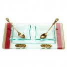 Glass Charoset and Horseradish Dish with Red Stripes, Spoons and Plaques