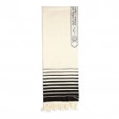 White Wool Tallit with Black Stripes, Hebrew Text and Luchot Emblem