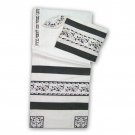 White Silk Tallit with Grey Myrtle Leaves, Flowers and Hebrew Letters