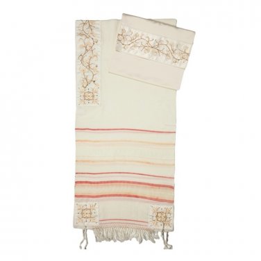 White Wool Tallit with Multicolored Stripes and Floral Pattern Atara