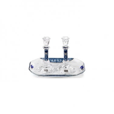 Large Crystal Shabbat Candlesticks with Blue Floral Design and Tray