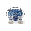 Small Shabbat Candlesticks with Blue and White Motif and Oval Tray
