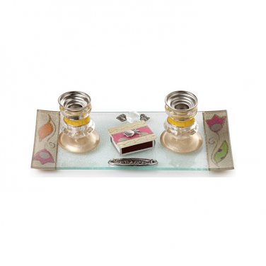Shabbat Candlestick Set with Pink Flower Motif and Matchbox