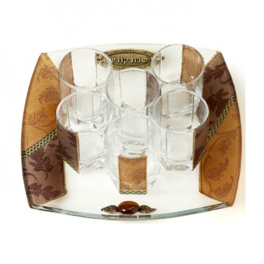 Glass Kiddush Cup Set with Brown Leaf Motif