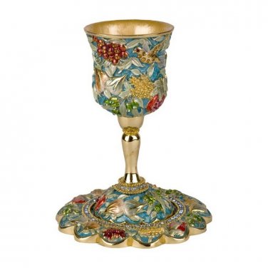 Turquoise Kiddush Cup with Coaster and Colorful Seven Species