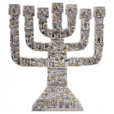 7 Branch Silver Menorah with Jerusalem Landscape
