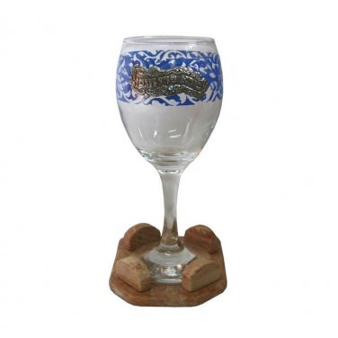 Glass and Stone Kiddush Cup Goblet with Metal Plaque and Blue Floral Pattern