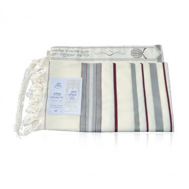 Wool Ma&acirc;��alot Tallit with Grey, Bordeaux and Gold Stripes