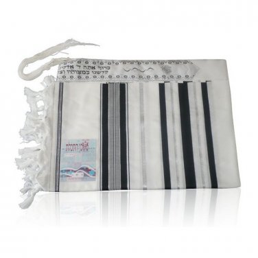 Akrilan Tallit with Black and Silver Stripes, Atara and Tallit Blessing