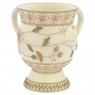 Beige Polyresin Washing Cup with Floral Pattern Rows, Leaves and Gold Lines